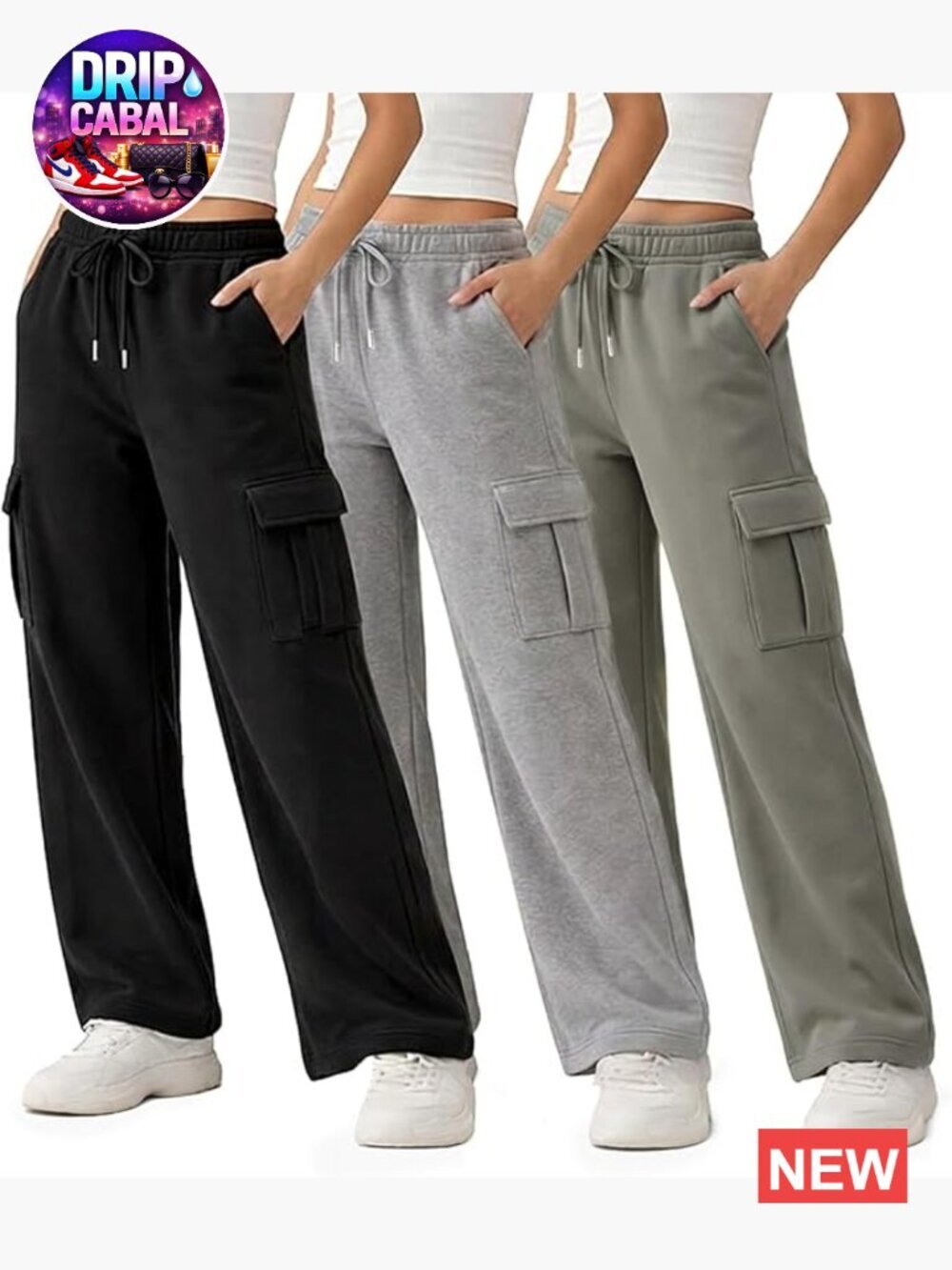 3 Pack Wide Leg Cargo Fleece Sweatpants - Relaxed Fit, 4 Pockets, Elastic